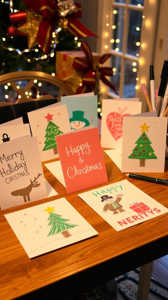 Colorful handmade Christmas cards with various designs made using markers, displayed on a wooden table.
